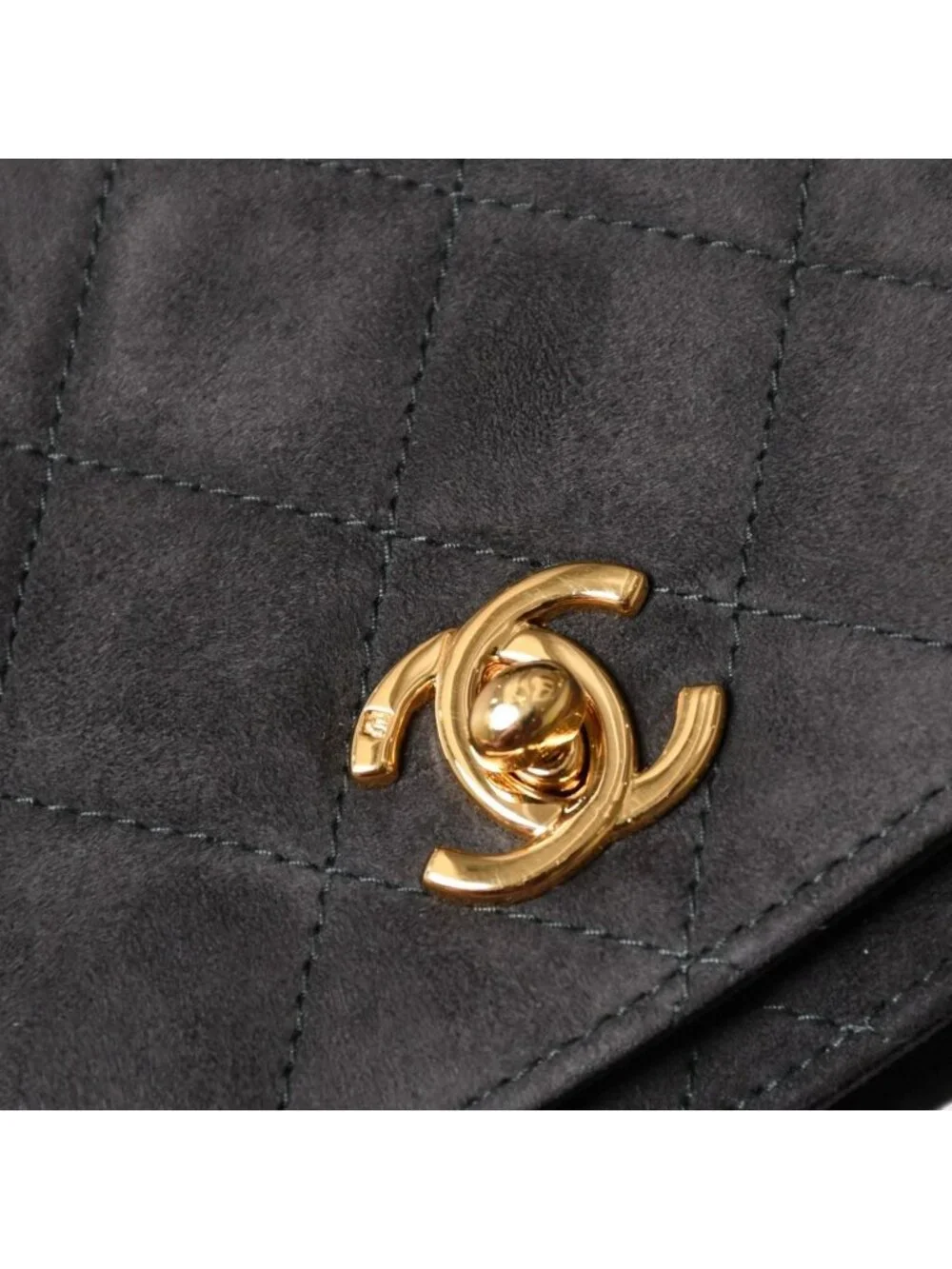 Chanel Top Handle Handbag CC Logo Suede Turnlock Dark Gray Gold